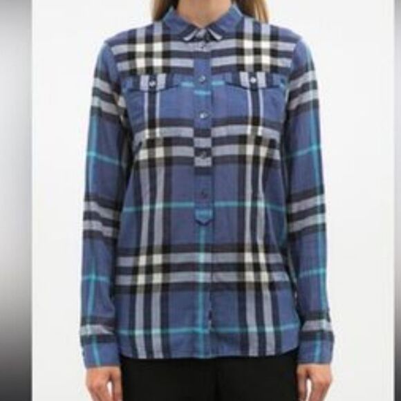 Burberry Blue Iconic Nova Check Plaid Chic Feminine Pullover Blouse Size Medium - Picture 1 of 6